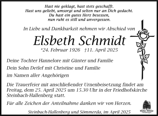 Traueranzeige von Elsbeth Schmidt von Südthüringer Presse