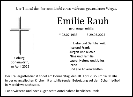 Traueranzeige von Emilie Rauh von Neue Presse Coburg