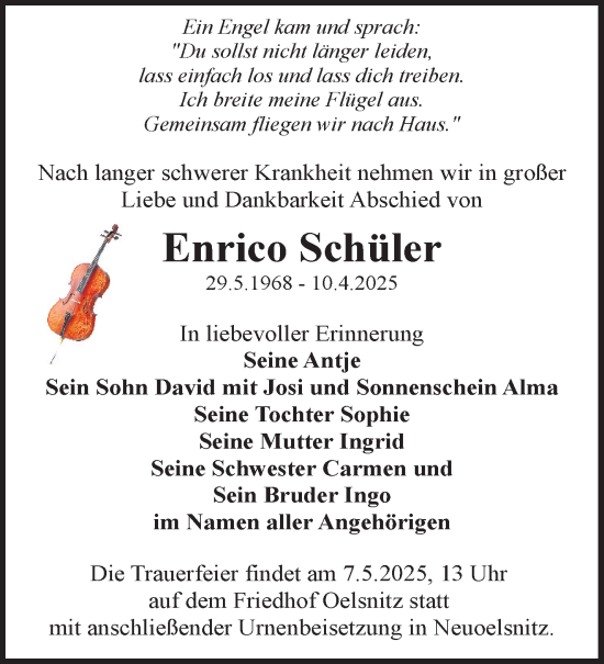 Traueranzeige von Enrico Schüler von Südthüringer Presse