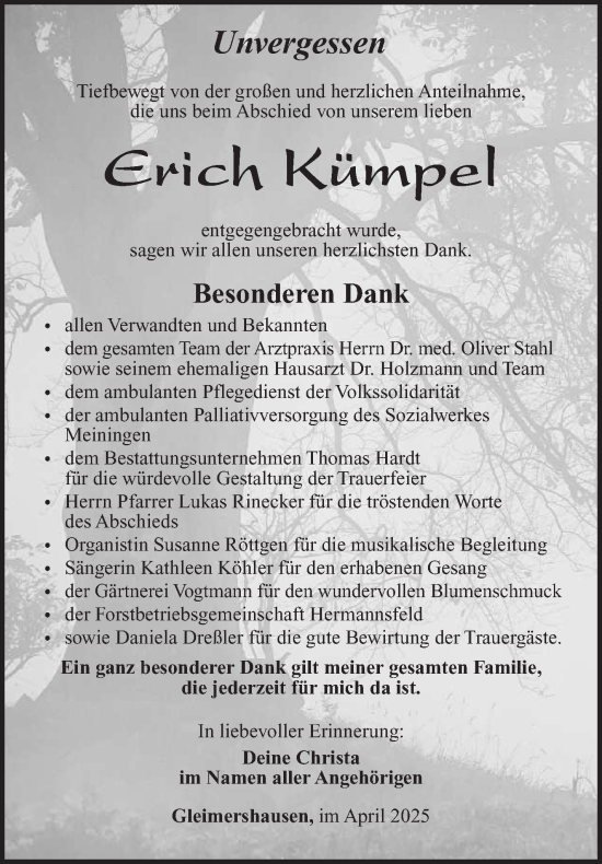 Traueranzeige von Erich Kümpel von Südthüringer Presse