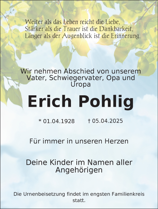 Traueranzeige von Erich Pohlig von Südthüringer Presse
