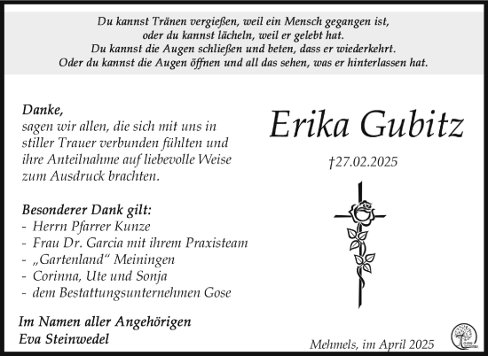 Traueranzeige von Erika Gubitz von Südthüringer Presse