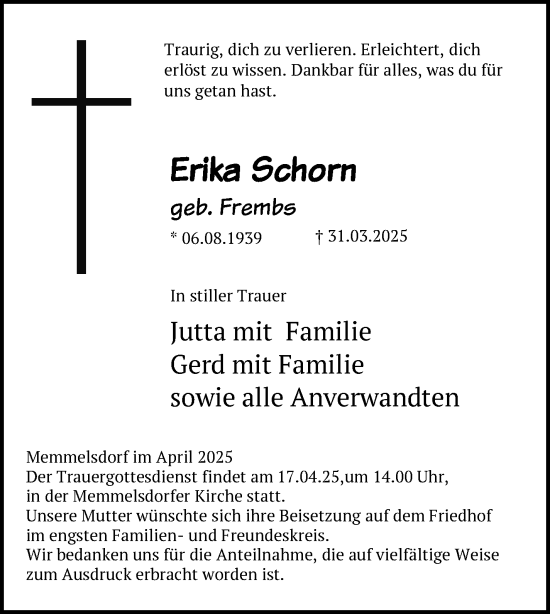 Traueranzeige von Erika Schorn von Neue Presse Coburg