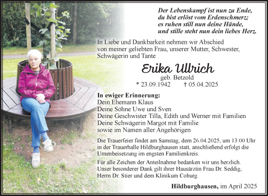 Traueranzeige von Erika Ullrich von Südthüringer Presse