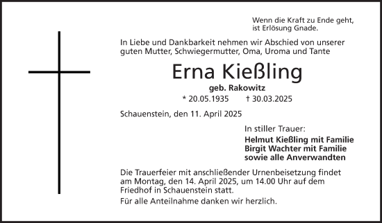 Traueranzeige von Erna Kießling von Frankenpost