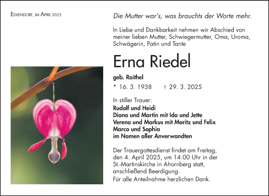 Traueranzeige von Erna Riedel von Frankenpost