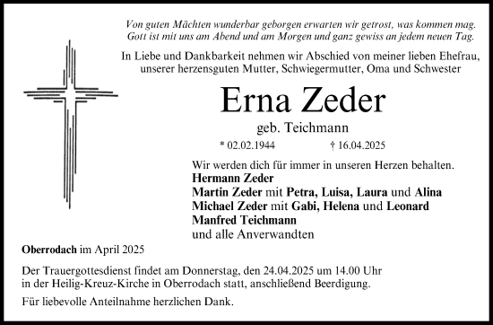 Traueranzeige von Erna Zeder von Neue Presse Coburg