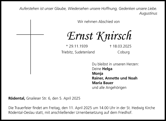 Traueranzeige von Ernst Knirsch von Neue Presse Coburg