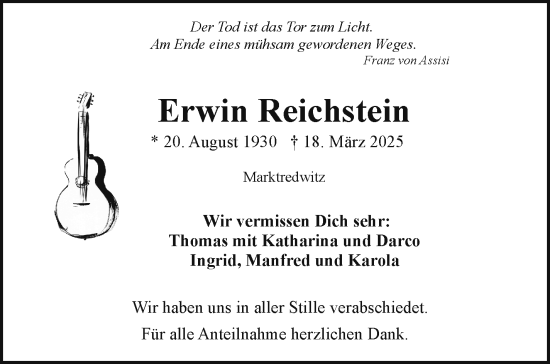 Traueranzeige von Erwin Reichstein von Frankenpost