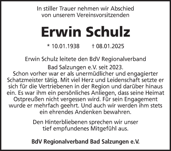 Traueranzeige von Erwin Schulz von Südthüringer Presse