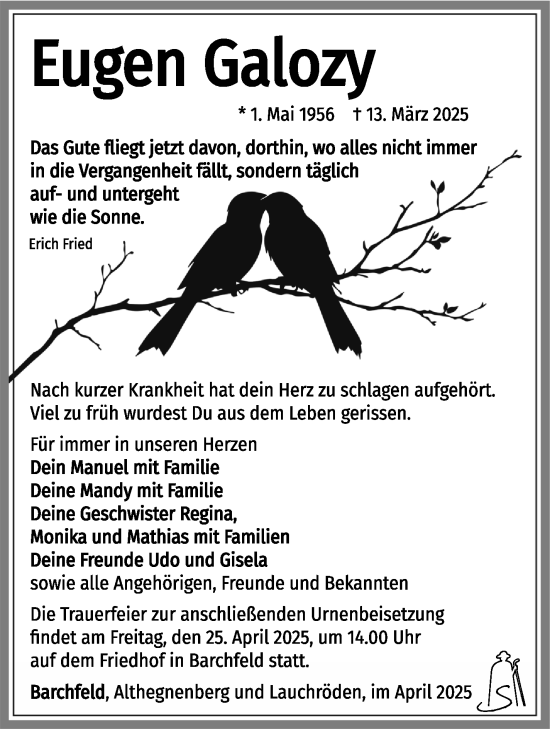 Traueranzeige von Eugen Galozy von Südthüringer Presse
