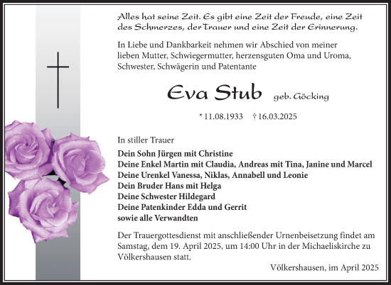 Traueranzeige von Eva Stub von Südthüringer Presse