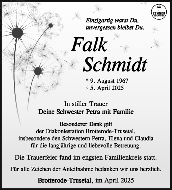 Traueranzeige von Falk Schmidt von Südthüringer Presse