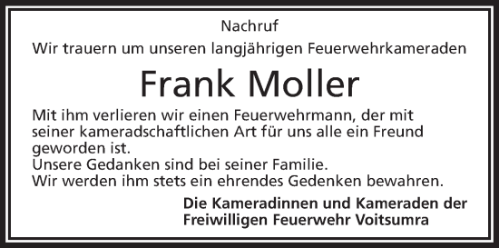Traueranzeige von Frank Moller von Frankenpost