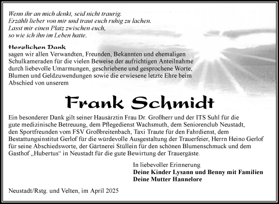 Traueranzeige von Frank Schmidt von Südthüringer Presse