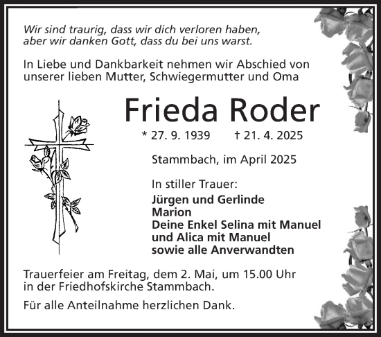Traueranzeige von Frieda Roder von Frankenpost