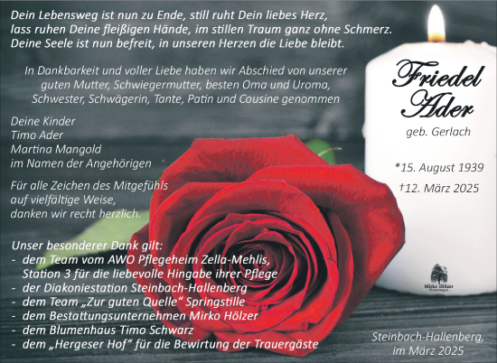 Traueranzeige von Friedel Ader von Südthüringer Presse