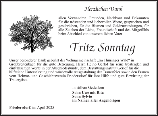 Traueranzeige von Fritz Sonntag von Südthüringer Presse