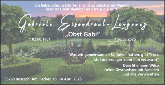 Traueranzeige von Gabriele Eisendraut-Langeweg von Neue Presse Coburg