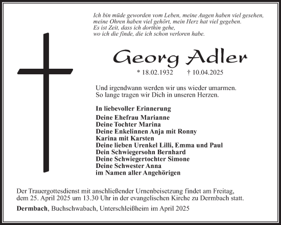 Traueranzeige von Georg Adler von Südthüringer Presse
