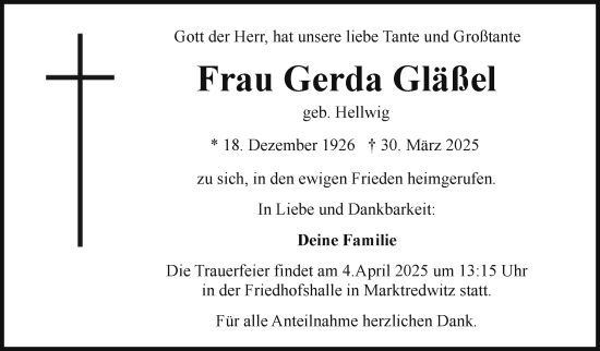 Traueranzeige von Gerda Gläßel von Frankenpost