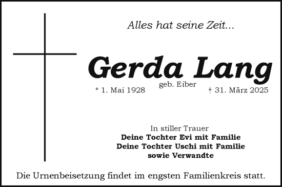 Traueranzeige von Gerda Lang von Frankenpost