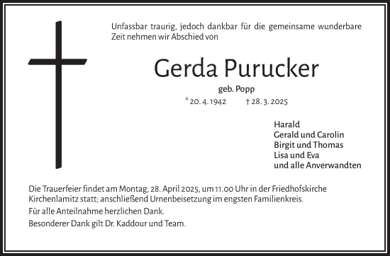 Traueranzeige von Gerda Purucker von Frankenpost