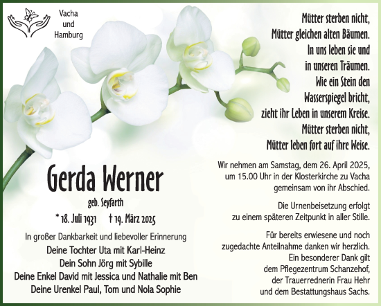 Traueranzeige von Gerda Werner von Südthüringer Presse