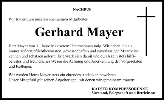 Traueranzeige von Gerhard Mayer von Neue Presse Coburg