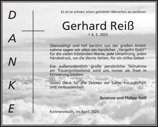 Traueranzeige von Gerhard Reiß von Frankenpost