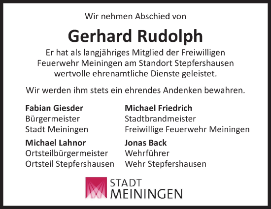 Traueranzeige von Gerhard Rudolph von Südthüringer Presse