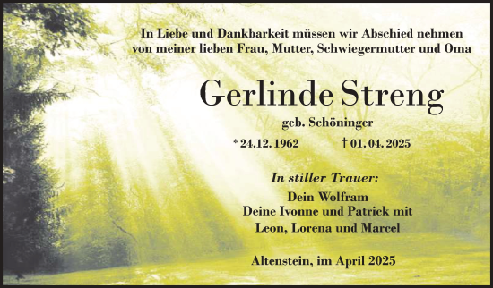Traueranzeige von Gerlinde Streng von Neue Presse Coburg