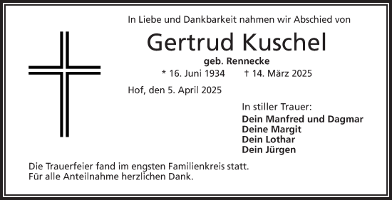 Traueranzeige von Gertrud Kuschel von Frankenpost
