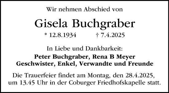 Traueranzeige von Gisela Buchgraber von Neue Presse Coburg