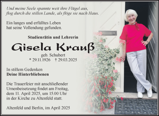 Traueranzeige von Gisela Krauß von Südthüringer Presse