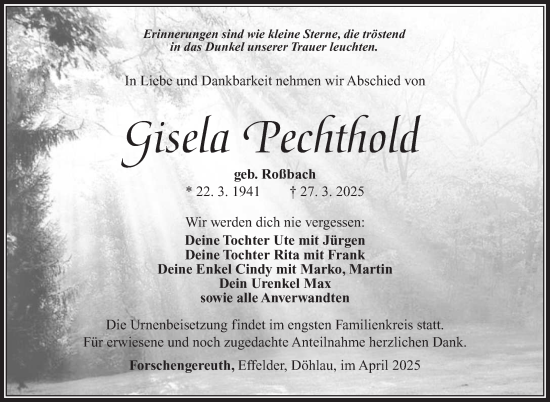 Traueranzeige von Gisela Pechthold von Südthüringer Presse