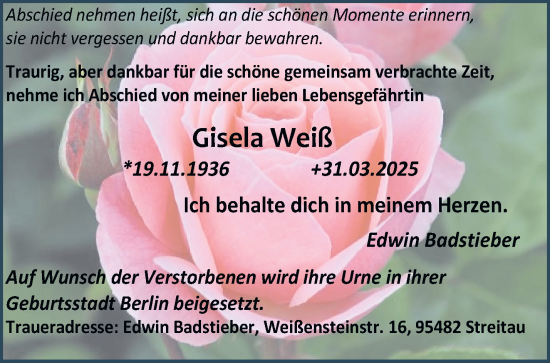 Traueranzeige von Gisela Weiß von Frankenpost