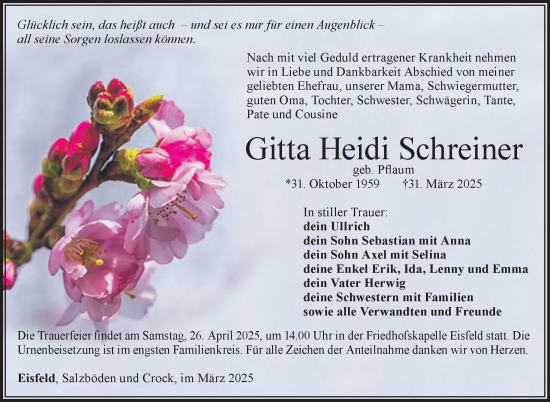 Traueranzeige von Gitta Heidi Schreiner von Südthüringer Presse