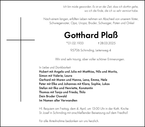 Traueranzeige von Gotthard Plaß von Frankenpost