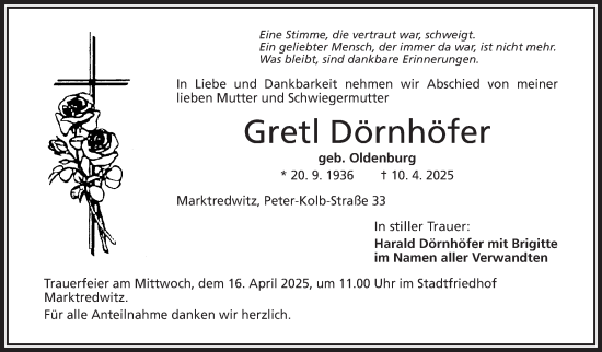 Traueranzeige von Gretl Dörnhöfer von Frankenpost