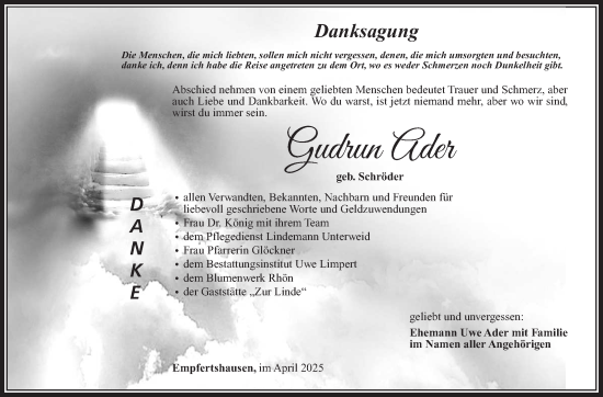 Traueranzeige von Gudrun Ader von Südthüringer Presse