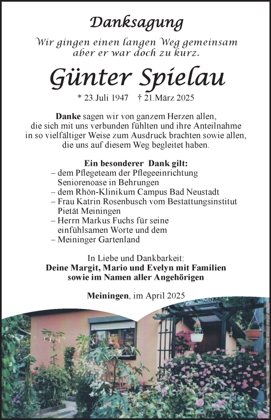 Traueranzeige von Günter Spielau von Südthüringer Presse