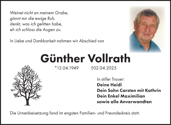 Traueranzeige von Günther Vollrath von Neue Presse Coburg