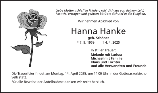 Traueranzeige von Hanna Hanke von Frankenpost