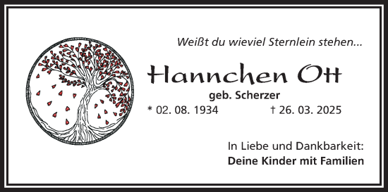Traueranzeige von Hannchen Ott von Frankenpost