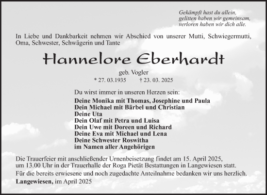 Traueranzeige von Hannelore Eberhardt von Südthüringer Presse
