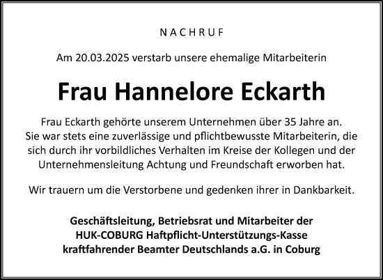 Traueranzeige von Hannelore Eckarth von Neue Presse Coburg