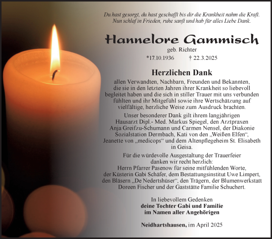Traueranzeige von Hannelore Gammisch von Südthüringer Presse