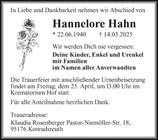 Traueranzeige von Hannelore Hahn von Frankenpost