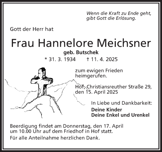 Traueranzeige von Hannelore Meichsner von Frankenpost